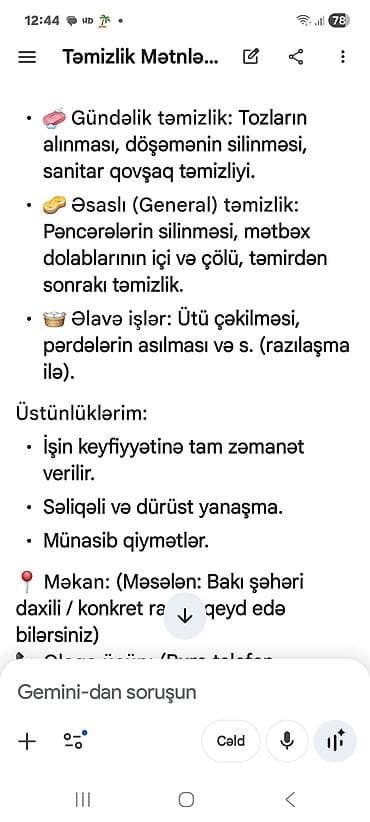 Paltar tikişi: Peşəkar ev/ofis təmizlik xidməti Xidmətlər: - Gündəlik təmizlik — 1