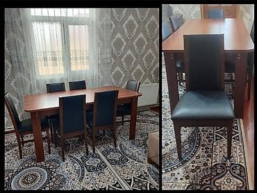 stol ev ucun: Qoz ağacından açılıb‑bağlanan stol və 6 stul dəsti • Material: təmiz — 1