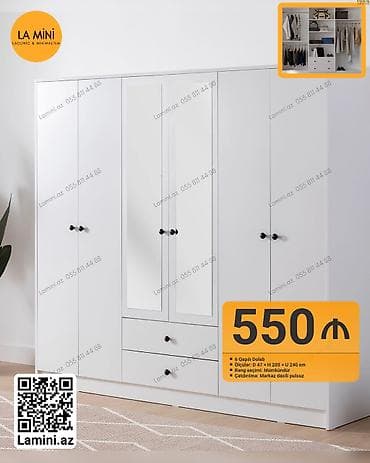 hamam dolapları: 6 qapı, Güzgülü, Ağ, Açılan, Düz dolab — 1
