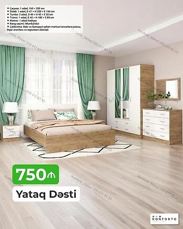 taxta komod: Yataq Dəsti – 750₼ Komplekt: - Çarpayı: 1 ədəd, 160 × 200 sm - Şkaf — 1