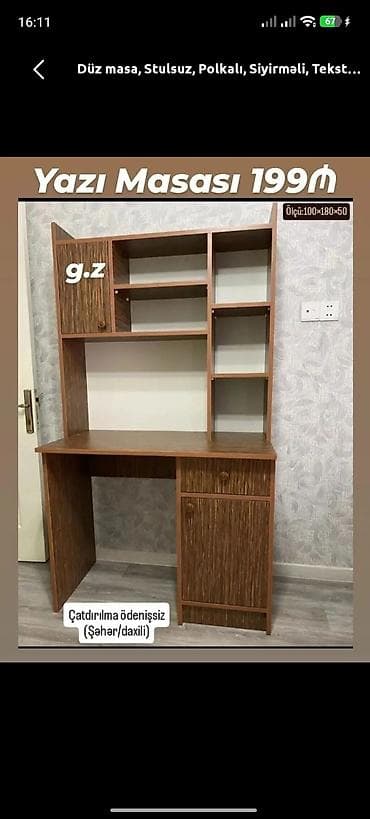 Sifarişlə ev mebeli: Düz masa, Stulsuz, Polkalı, Siyirməli, Teksturalı laminat — 1