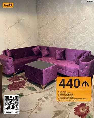 Divan və masa dəstləri: Məhsul: Künc divan dəsti (Kod: 2533) - Ölçü: 280 × 200 sm - Mexanizm — 1