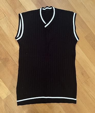 paltar geyim: Qolsuz trikotaj sviter-jilet - Rəng: qara, ağ zolaqlı haşiyələr - — 1