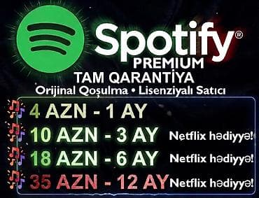 Digər nəqliyyat: Spotify Premium Reklam yox Keyfiiyet yuksek cemini 4 azn 1 ay Spotify — 1