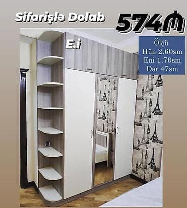 Künc dolab, Yataq otağı üçün, Paltar üçün, Açılan, Korpuslu, 3 qapılı