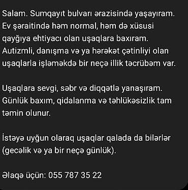 Uşaqlara ev şəraitində baxım xidməti – Sumqayıt bulvarı ərazisi - Həm