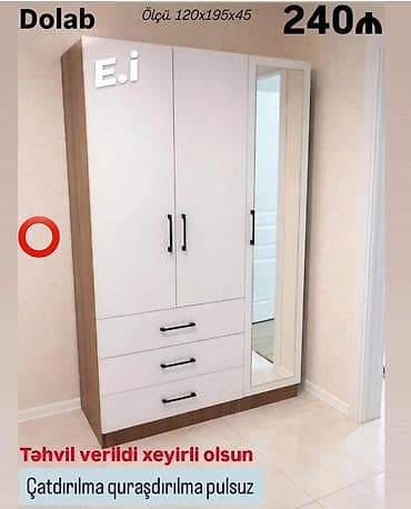 Dolab – ölçü: 120×195×45 sm - 3 qapılı dizayn, yan tərəfdə tam boy