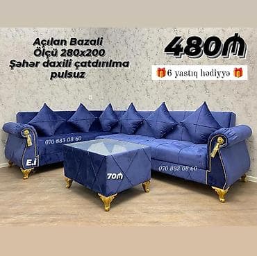 Divan və masa dəstləri: Açılan bazalı künc divan dəsti - Ölçü: 280x200 - Rəng: tünd mavi - — 1