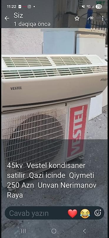 kondensioner: Vestel kondisioner – 45 kVt (təxminən 48.000 BTU) gücündə. Split tip — 1