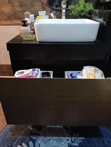 asma şkaf: Vanna otağı üçün lavabo və şkaf dəsti - Üstəqoyma düzbucaqlı keramika — 1