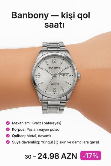 механические часы в баку: 🕒 Banbony Kişi Qolu Saatı ✨ Xüsusiyyətlər: Brend: BANBONY Korpus — 1