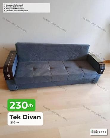 Диваны: Tək divan – 210 sm - Mexanizm: açılan, bazalı (alt hissədə saxlama — 1