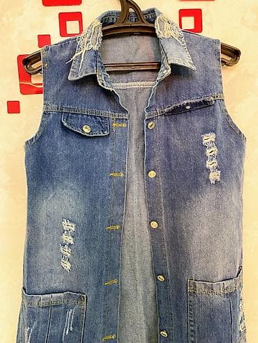 Uzun Cins Jilet - Material: klassik mavi denim - Dizayn: qoluzun — 2