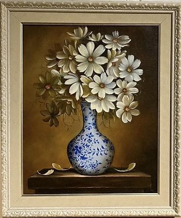 Yağlı boya tablo – “Ağ çiçəklər” natura‑mort - Texnika: kətan