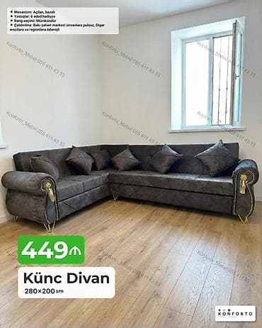 kreditle kunc divanlar: Künc Divan – 280×200 sm - Mexanizm: açılan, bazalı (yataq funksiyası — 1