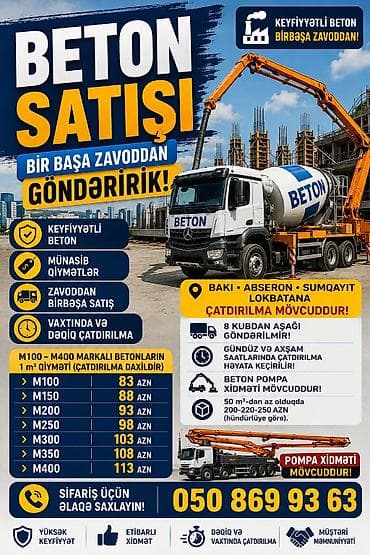 110 volt: İnşaat betonu M-100, Həcm: 800 kubmetr, Sifarişlə — 3