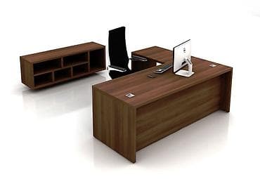 Ofis mebeli dəsti – L formalı masa, köməkçi masa və açıq rəfli