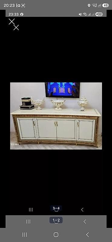 tv stent: Klassik üslubda TV altlığı/komod - Rəng: fildişi ağ, qızılı naxış və — 1