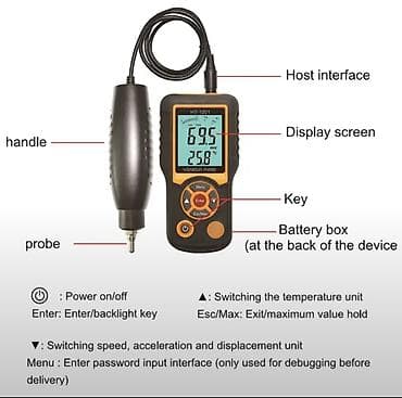 Перила: Vibrometr Model: GTI HT-120 ● Ölçmə Aralığı: Sürətlənmə: 0.1 ~ 199.9 — 2