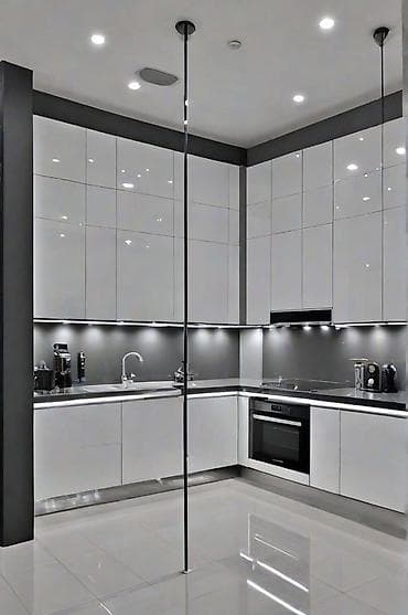 mətbəx sobasi: Mətbəx mebel dəsti – müasir “L” planlı dizayn - Üst-üstə parlaq ağ — 1