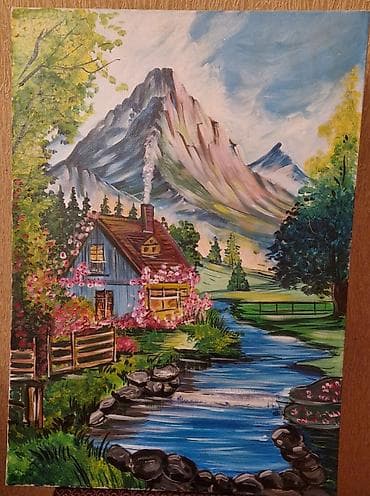 sulu boya ile cekilmis sekiller: Yağlı boya tablo – Dağ mənzərəsi və kənd evi - Texnika: kətan — 1
