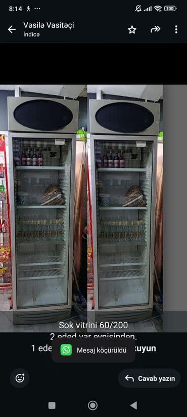 soyuducu maşın: Sok vitrini 60/200 2 eded var eynisinden. 1 eded 370 azn Unvan — 1