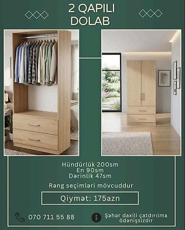 ayaqqabı dolabı tap az: 2 qapılı geyim dolabı - Ölçülər: hündürlük 200 sm, en 90 sm, dərinlik — 2