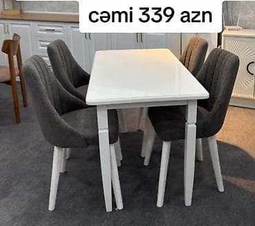 stulla: Ağ rəngdə yemək masası və 4 ədəd stul dəsti. - Düzbucaqlı, kompakt — 1