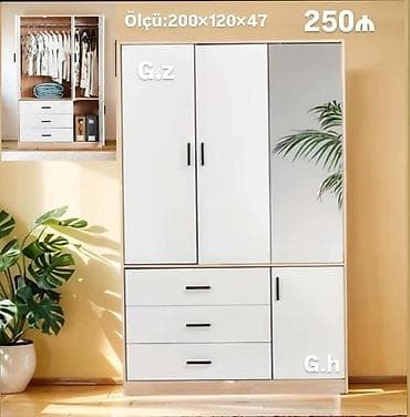 3 qapılı, Güzgülü, Ağ, Taxta, Açılan, Düz dolab