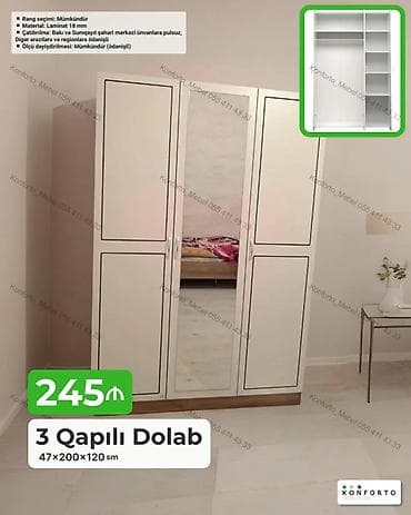 3 qapılı dolab – 47×200×120 sm - Material: 18 mm laminat - Rəng — 1