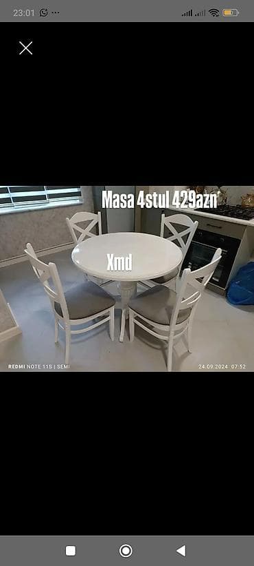 stul taxta: Dəyirmi mətbəx/qonaq otağı dəsti – 1 masa + 4 stul. - Rəng: ağ - Masa — 1