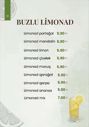 qar qizi: Buzlu limonad menyusu - Limonad portağal – 5.90 - Limonad mandalin – — 1