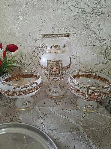 qab qaşiq: Zərif dekorlu şüşə qablar dəsti - Yaşıl-qızılı şampan/fleyta — 3