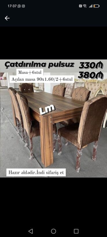 laminat qiyməti: Qonaq otağı üçün, Yeni, Açılan, Dördbucaq masa, 6 stul — 20