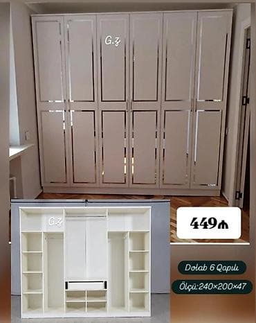 paltar dolabi ucuz: Dolab – 6 qapılı, ağ rəng. Ölçü: 240 × 200 × 47 sm. Qiymət: 449 ₼ — 1