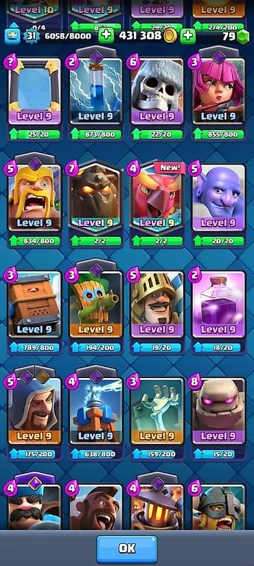 cene aparati: Clash Royale hesabı - Kral səviyyəsi: 31 - Kasa: 431 308 qızıl, 79 — 8