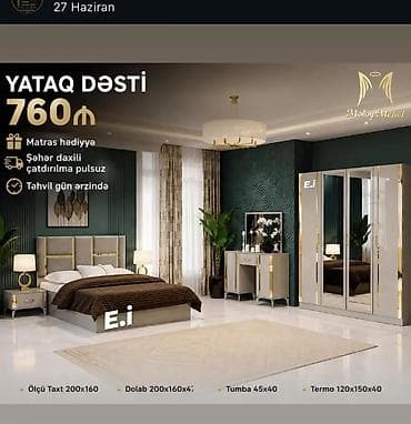 Yataq dəsti – 760₼ Komplekt: - Taxt: 200×160 - Dolab: 200×160×4 -