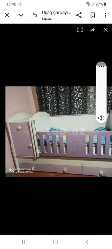 ikinci əl uşaq carpayısı: Oğlan və qız üçün, İşlənmiş, Dördbucaq, Beşik, Dəstsiz, Matras ilə, Yellənmə mexanizm ilə — 1