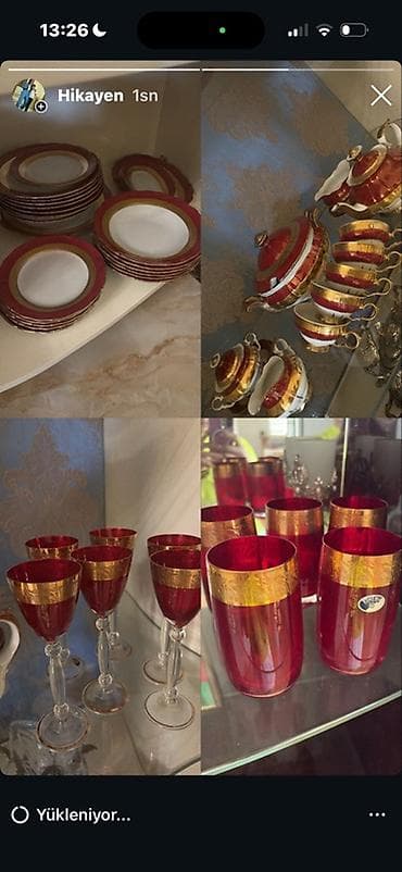 cay daslari: Qırmızı-qızılı naxışlı süfrə dəsti - Zərif porselen servis qabları — 1