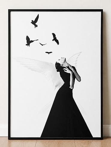Minimalist qara-ağ incəsənət posteri – “Mələklə Uçuş” - Təsvir: Zərif — 1