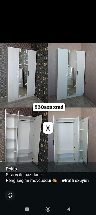 Düz dolab, Yataq otağı üçün, Paltar üçün, Açılan, Korpuslu, 3 qapılı