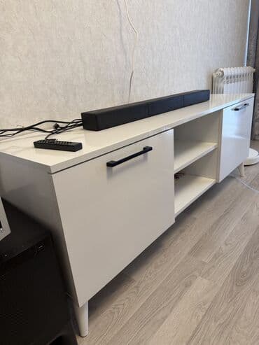 раковина в ванную с тумбой: Новый, Прямой ТВ стенд, С полками, Деревянный — 3