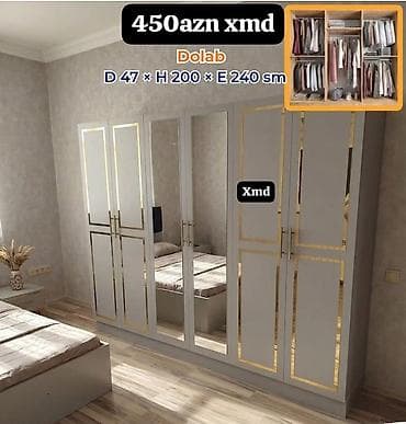 Dolab – 6 qapılı, güzgülü model Ölçülər: Dərinlik 47 sm × Hündürlük