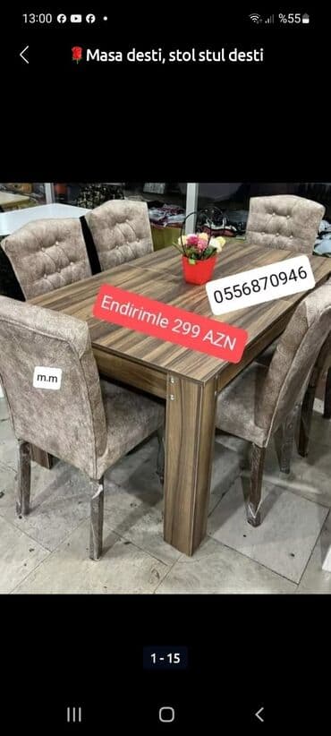 oturacaq dəstləri: Qonaq otağı üçün, Yeni, Açılmayan, Dördbucaq masa, 6 stul — 3