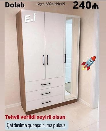 Yeni, 3 qapılı, Güzgülü, Ağ, Taxta, Açılan, Düz dolab