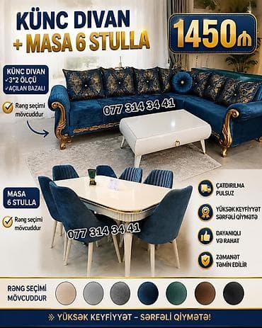 saloglu mebel instagram: Künc divan + masa 6 stul dəsti - Künc divan: 3×2 ölçü, açılan-bazalı — 1