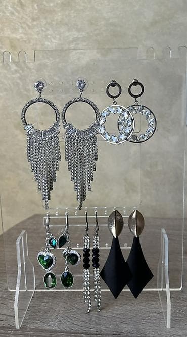 klassik geyim kisi: Zərgərlik dəsti — 5 cüt sırğa - Gümüşü tonlarda daşlı halqa sırğalar — 2