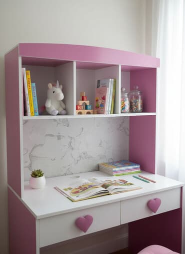 Детские двухъярусные кровати: Для девочки, С выдвижными ящиками, Письменный стол, Без стульев — 1