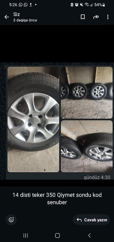 14-lük disklərlə birlikdə təkər dəsti. - Ölçü: 14 düym - Şin ölçüsü