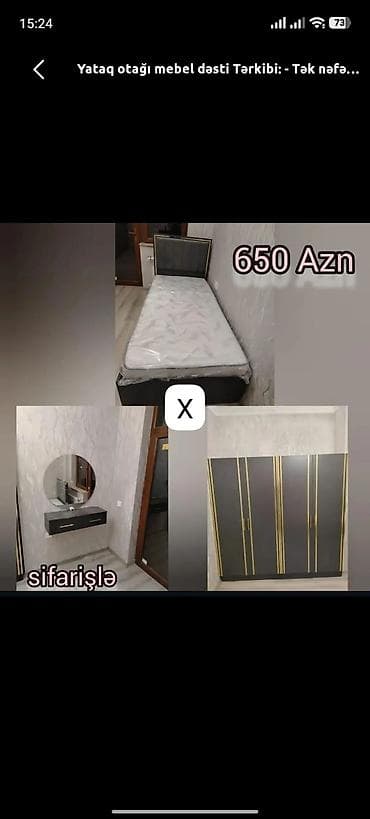 tek divan: Yataq otağı mebel dəsti Tərkib: - Tək nəfərlik çarpayı (başlıqla) — 1